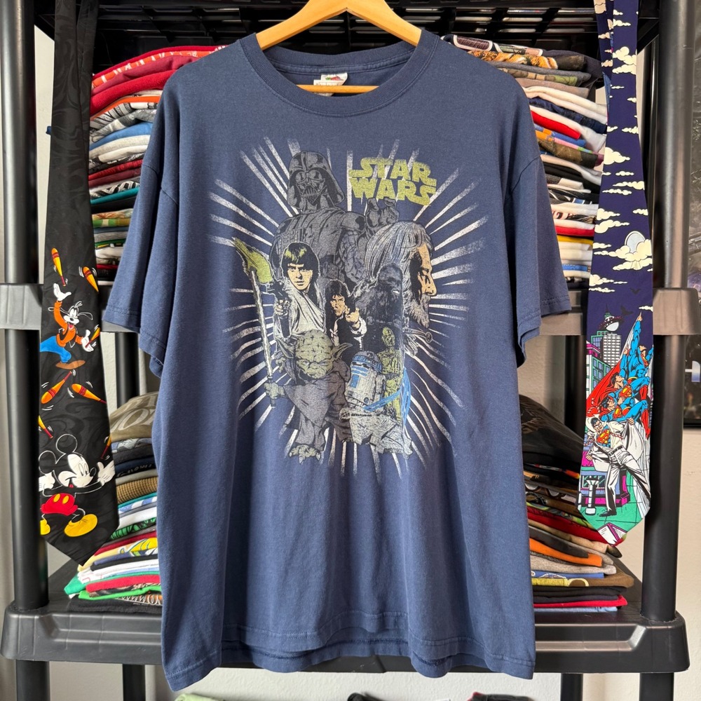 Y2K Blue Star Wars Character Montage Graphic T-Shirt XL